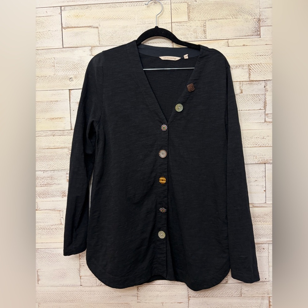 Soft Surroundings Black Cardigan with Unique Buttons small funky knit jersey cot